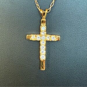 Gold Tone Cross Pendant Necklace Rhinestone Crystal Accents 19” Paperclip Chain
